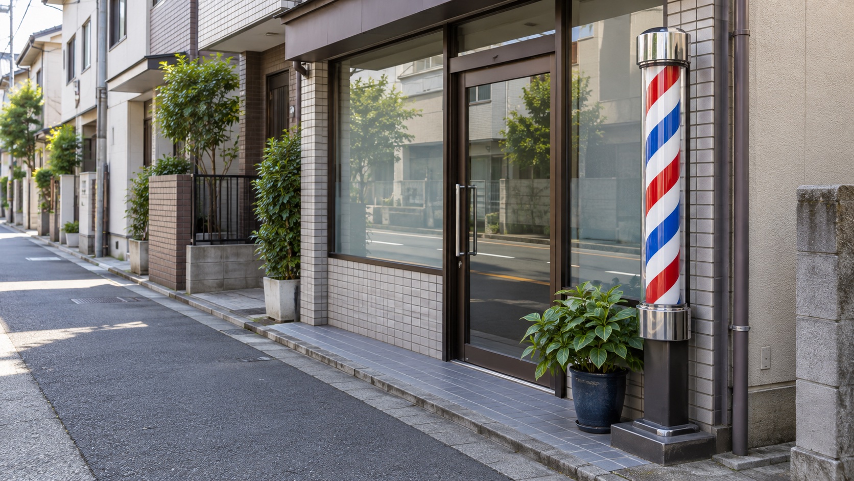 サインポールが立つ、町の昔ながらの床屋の店先