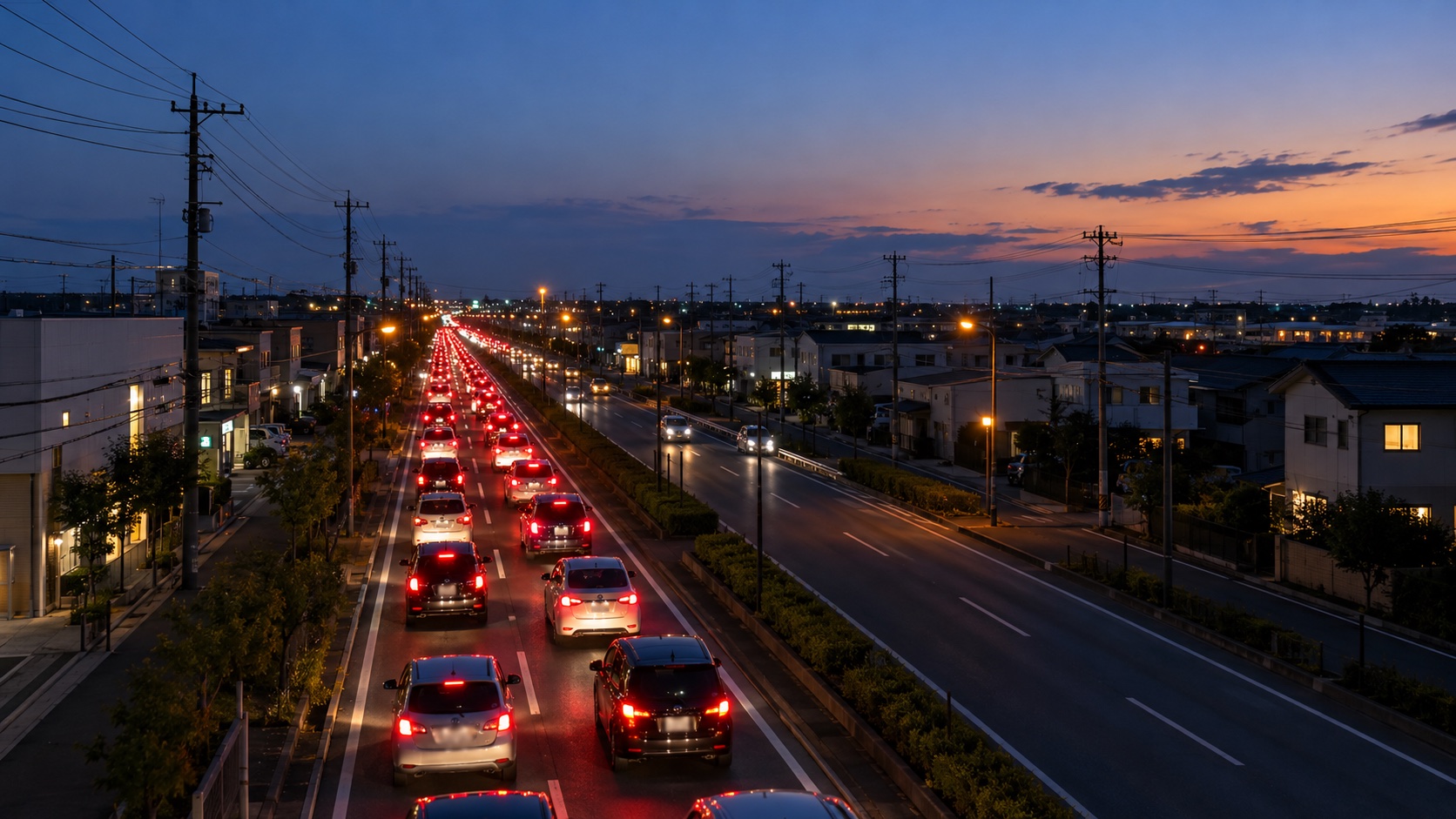 夕暮れの郊外の道に連なる、渋滞の車のテールランプ