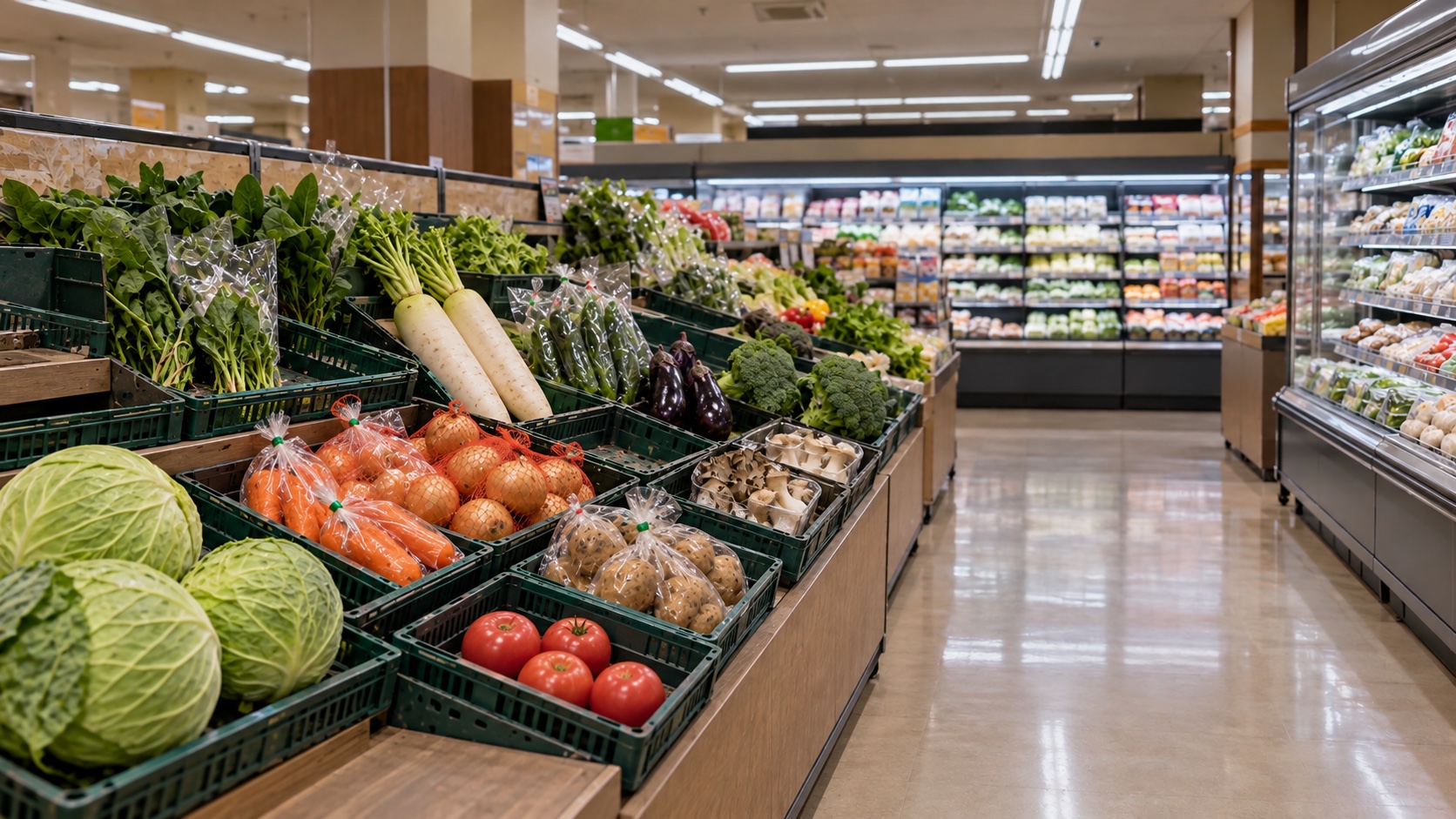 スーパーの食品売り場に並ぶ、野菜などの日々の食材