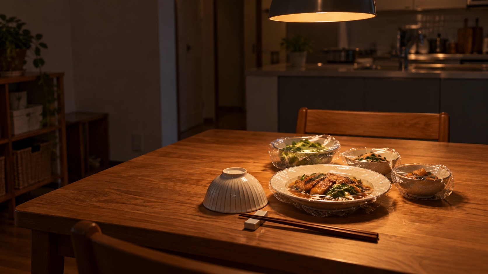 夜の食卓に置かれた、ラップをかけた一人分の夕食