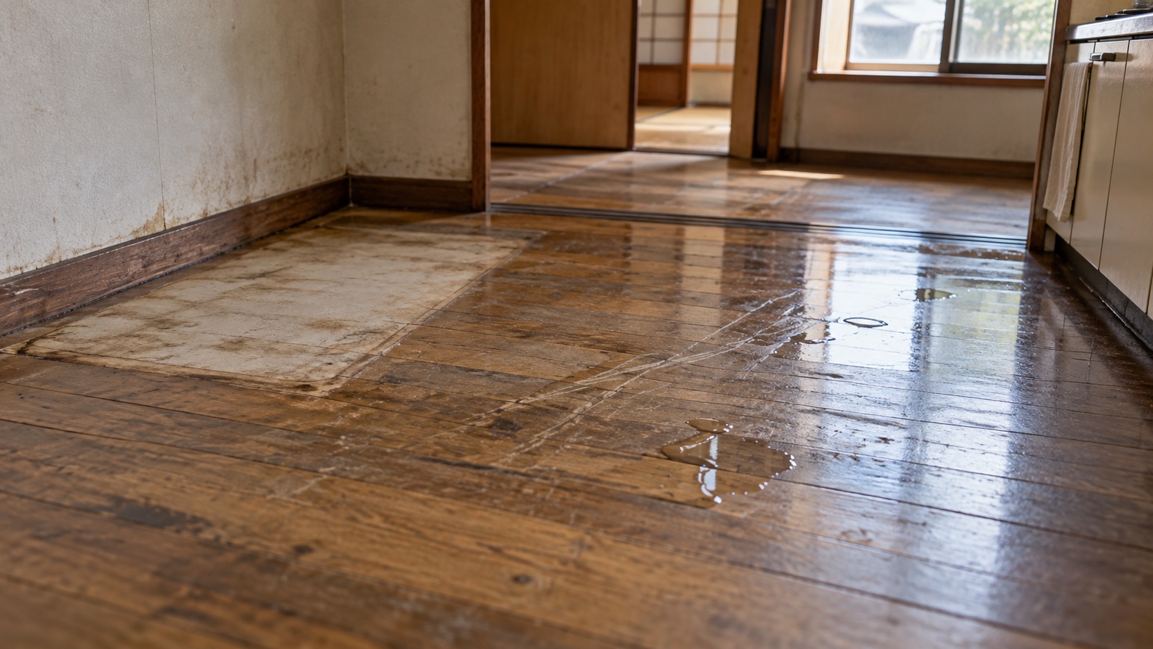 古い冷蔵庫を運び出したあとの板の間に残る、引きずった跡と水