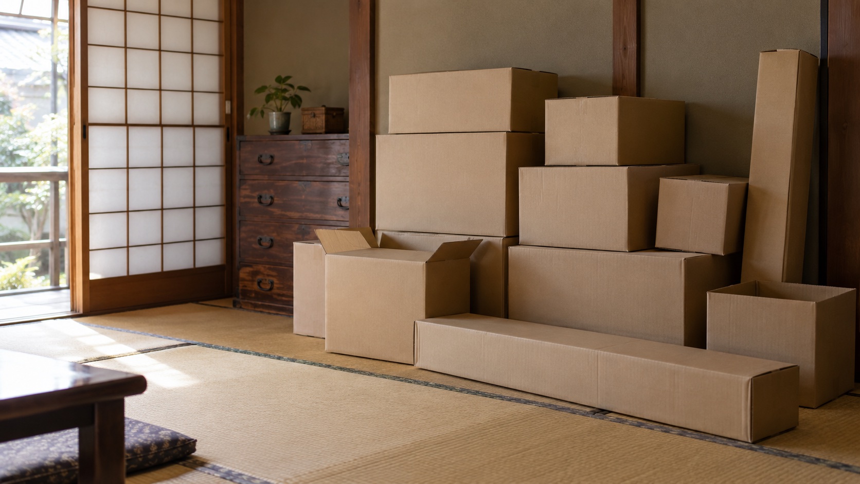 実家の居間に積んだままの、道具が入っていた段ボール箱